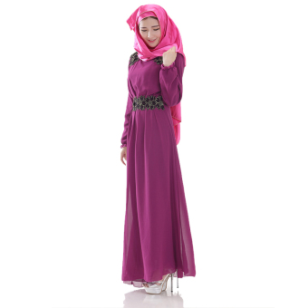 Islamic Women Newsletter Striped Long Sleeve Arab Robe Muslim Party Dress(Purple)  