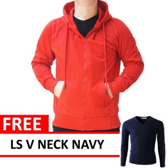 Jacket Zipper Hoodie Red Free LS V Neck White  