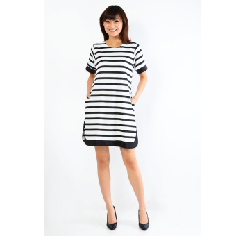Jfashion Black n White Stripe Midi Dress Esther - Putih  