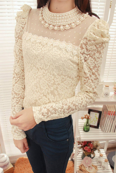 Jo.In Dot nail bead nets yarn pearl collar long-sleeved bud silk unlined upper garment M-XXL (Apricot)  