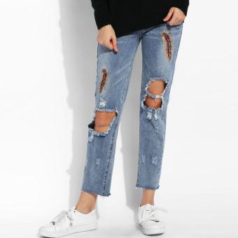 Jo.In New Women Fashion Slim Feather Embroidery Casual Holes Skinny Pencil Jeans - intl  