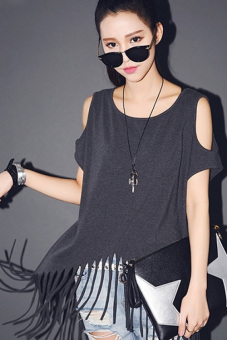 Jo.In Print Off Shoulder Long Fringe Hem Loose T-shirt Blouse M-XL (Grey) - Intl  