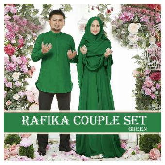 Kembar Couple Set Rafika Green (Gamis Wanita+bergo+Kemeja Pria)  