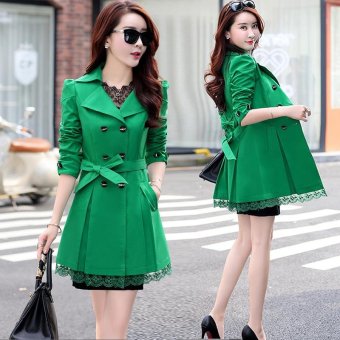 Kisnow Lady Korean Fashion Lace Down Slim Windbreaker Coat Lightweight Jackets(Color:Green) - intl  