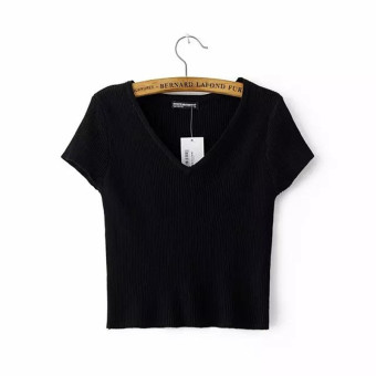 Knitted Pure Color V-neck Collar Pullover Cotton Short-sleeved Midriff-bearing T Shirt(color: black) - intl  