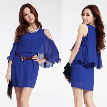 Korea Women's Flouncing Short Batwing Sleeve Off Shoulder False Two-piece Chiffon Dress Blue - intl  