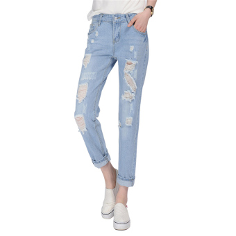 Korean Fashion Casual Ripped Jeans Women's Long Loose Jean Pants with Holes HPT049 Light Blue - intl  
