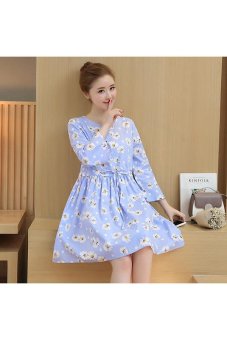 Korean Fashion Plaid Pattern Long Sleeve A-Line Maternity Dress for Pregnant Woman (Sky Blue) - intl  