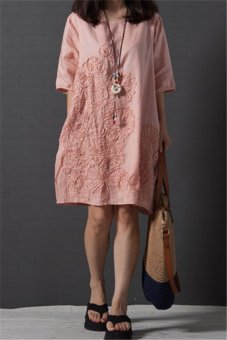 Korean Fashion Summer Women Loose Linen Half Sleeve O Neck Casual Dress HDS015 Pink  