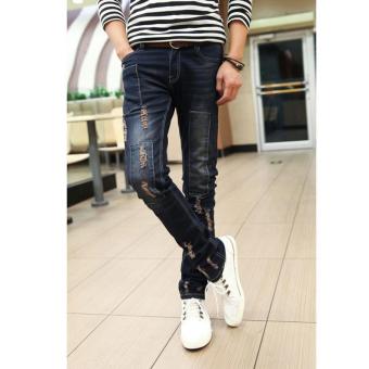 Korean Men Hole Jeans Fashion Patch Jeans Slim Leisure Long Pants Loose Teens Street Trousers - intl  