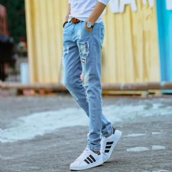 Korean Men Hole Jeans Slim Fashion Jeans Leisure Straight Long Pants Teens Street Frayed Trousers - intl  