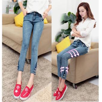 Korean Slim Jeans Ninth Pants Women Cropped Jeans Frayed Straight Trousers - intl  