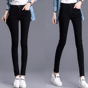 Korean style Fashion Women Section Tall Waist Elastic Big Yards Jeans Feet Pants Pencil Pants(Black) - intl  
