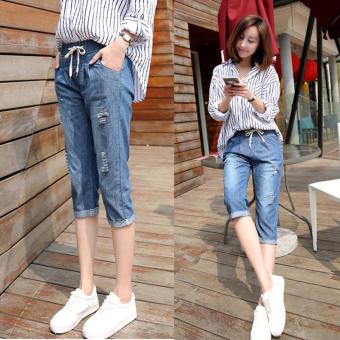 Korean Summer Denim Cropped Pants Frayed Seventh Jeans Capri Pants Middle Jeans Elastic Waist Trousers - intl  