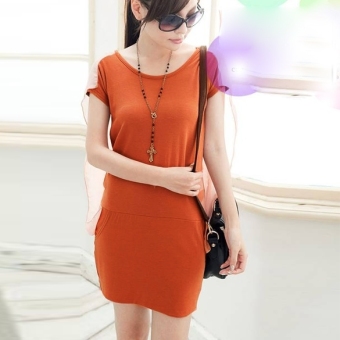 Korean Women's Girl Short Sleeve Dress round Collar Chiffon Splicing Bag Hip Dress2 Colors Dark Orange - intl  