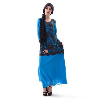 Lace Crochet Embroidery Abaya Muslim Evening Dress (Blue)  