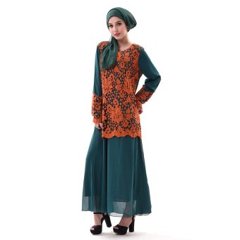 Lace Crochet Embroidery Abaya Muslim Evening Dress (Green)  