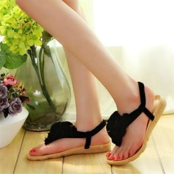 Ladies Flat Sandals Summer New Flat Heel Beach shoes Boho Sandals Female Flower Shoes (Black) - intl  