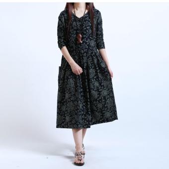 Ladies Floral Patterned Pockets Oversized linen Cotton vintage Maxi Long Dress BoHo blue - intl  