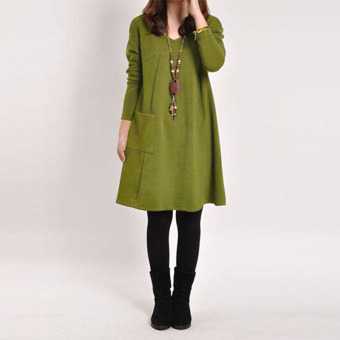 Ladies Long Sleeve Pockets V-Neck Loose Casual Cotton Pregnant MIni Dress Green - Intl - intl  