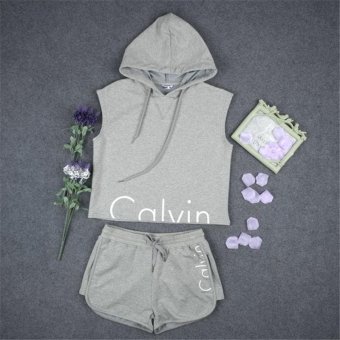 LALANG 2 Piece Tracksuit Set Casual Cotton Women Short Hooded Hoodie Sexy Shorts Pants (Grey) - intl  