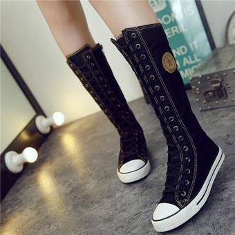 LALANG Fashion Women Lace Up Zip Knee High Boot Punk Casual Canvas Flat Shoes (Black)  