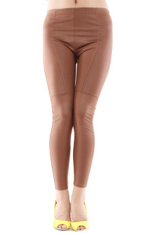 LALANG Leather Stitching Casual Leggings (Brown)  