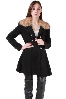 LALANG Women Woollen Coat Double Breasted Overcoat Jacket Black  