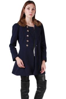LALANG Women Woollen Coat Double Breasted Overcoat Jacket Navy Blue  