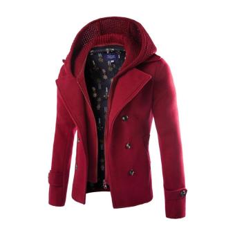 LANBAOSI Mens Double-breasted Outerwear Stylish Detachable Hoodie with Knitted Cap (Wine Red) - intl  