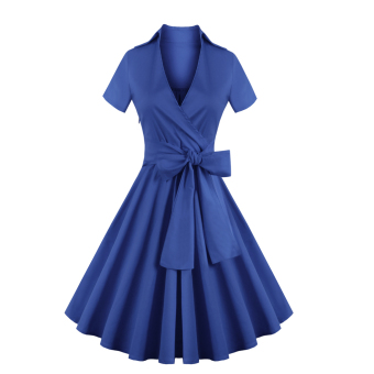 Lapel Design Dress Big Hem With Belt (Blue) - intl  