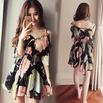 Large Size V Collar Camisole Dress Printing Waist Flounced Chiffon Dress Skirt Beach - intl  