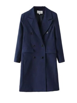 Leisure Notched Collar Front Button Long Coat Navy  