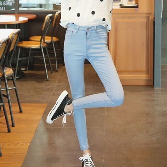 Leyi Ms high elastic waist cultivate one's morality leisure nine points of jeans Light blue - intl  