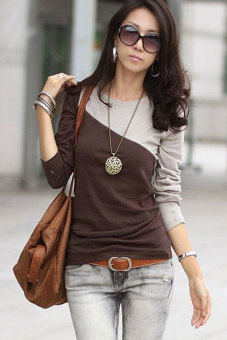 Linemart Splice Long Sleeve Round Neck T-Shirt (Brown) - Intl  