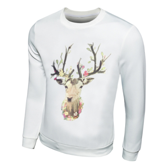 Long Sleeve Reindeer Printed Men Pullover Sweatshirt (White)  