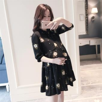 Loose Floral A-line Maternity Dresses Black - intl  