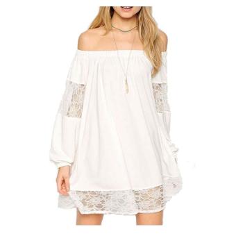 LoveU Women Sexy Off Shoulder Lace Blouse Hollow Long Sleeve Loose Mini Dress(M(US(8-810)-White? - intl  