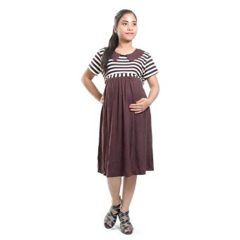 Mama Hamil Baju Hamil Dress Menyusui Salur - Coklat - Free 1 Celana Dalam Hamil  