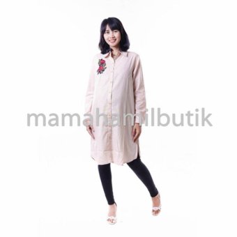 Mama Hamil Baju Hamil Muslim Dress Tunik Katun Bordir Bunga Cantik - Cream  