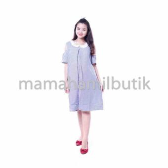 Mama Hamil Baju Hamil Trendy Dress Menyusui Bordir Mutiara Katun Kotak Cantik - Biru  