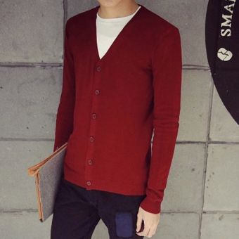 Man Cardigan Good Qualit Knitwear Solid Color Autumn Spring Winter Knit Single Breasted Buttons Slim Long Sleeve Fashion Men Sweater(Red) - intl  