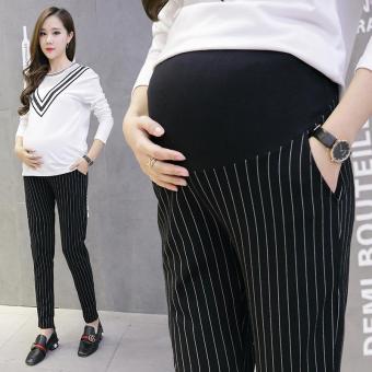 Maternity Elastic Waist Pencil Trousers Vertical Stripes Cotton Belly Pants for Pregnant Women - intl  