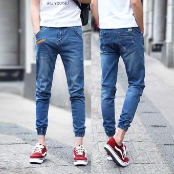 Men Cropped Jeans Korean Street Nine Pants Elastic Closed-Foot Pants Slim Denim Skinny Pants Leisure Teens Pants Casual Student Trousers - intl  