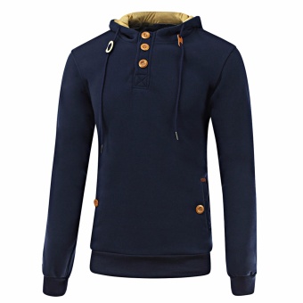 Men Drawstring Long Sleeve Elbow Patch Blend Fleece Pullover Hoodie (Deep Blue) - intl  