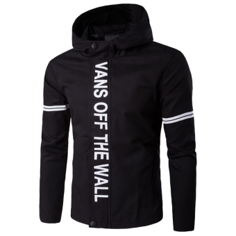 Men 's leisure jacket fashionable lettering hooded zipper coat Black - intl  