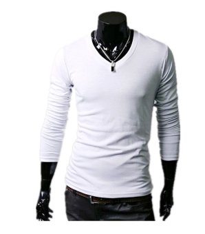 Men Slim Fit Solid Color Stylish V Neck Long Sleeve T-shirts Tee Tops-White  