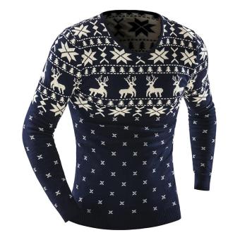 Men's Animal Print Sweater Leisure Slim Pull Homme O-Neck Solid Long-Sleeved Sweater (Black) - intl  