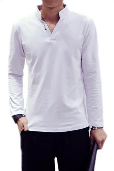 Mens Autumn Clothing 2015 New V-Neck Polo Shirts Slim Long SLeeve Neck Printed Casual T-Shirts(White)  