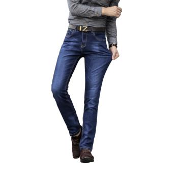 Men's Business Casual Denim Breathable Straight Full Length Jeans Pants Trousers (Blue) - intl  